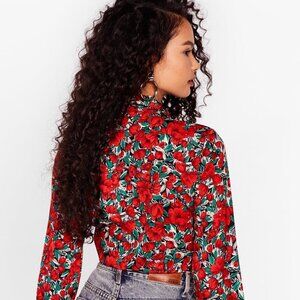 Frenchy Allover Floral Print Tie Neck Lantern Sleeve Blouse